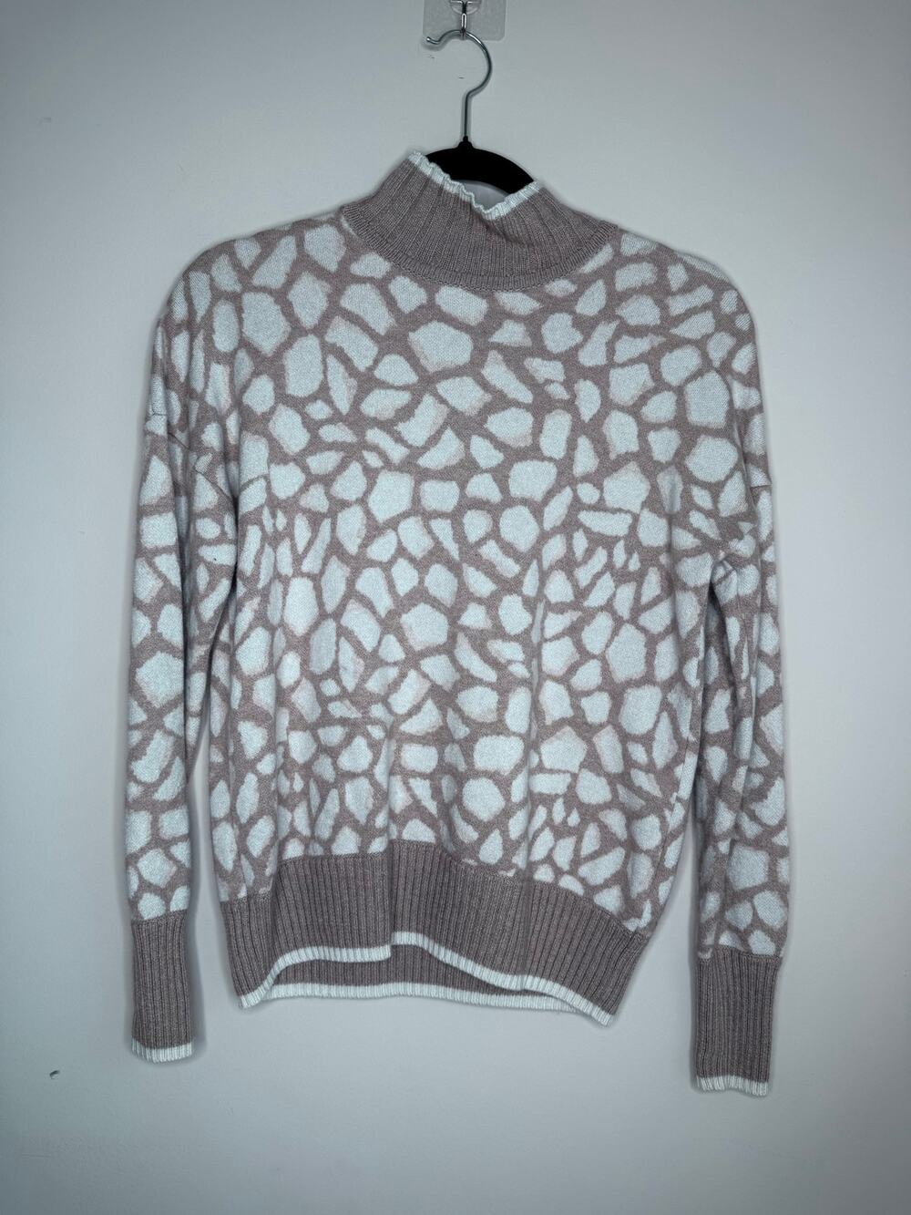 Vineyard Vines Womens S Merino Wool Cashmere Mock Neck Sweater Taupe Ivory Print